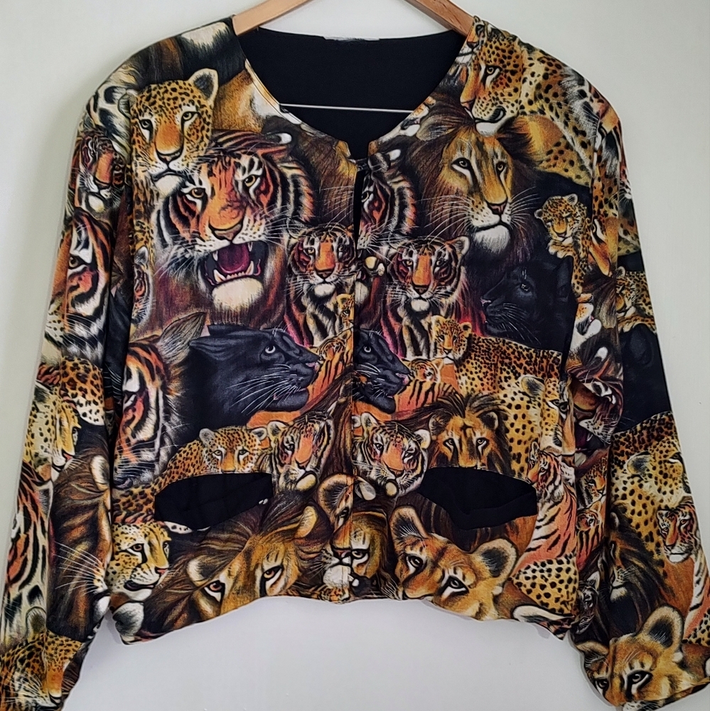 Wild Big Cat Animal Print Jacket with Fabric Buttons